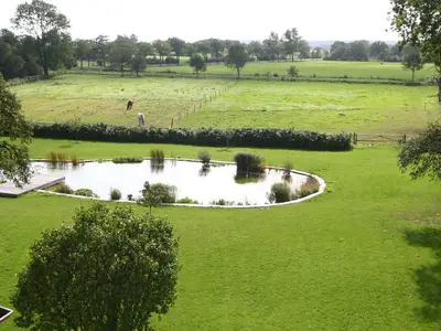 Garten. Schwimmteich mit Blick auf die angrenzenden Wiesen und das Naturschutzgebiet