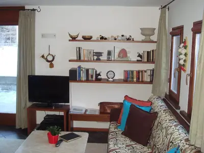 Ansicht Wohnzimmer mit TV, Stereo und der Bibliothek