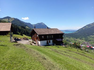 Das Wohnhaus im Hintergrund die Rigi.