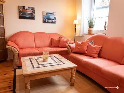 Wohnzimmer mit zwei gemütlichen Sofas