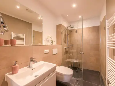 Ferienwohnung Inselsuite Malchow Badezimmer mit Glasdusche