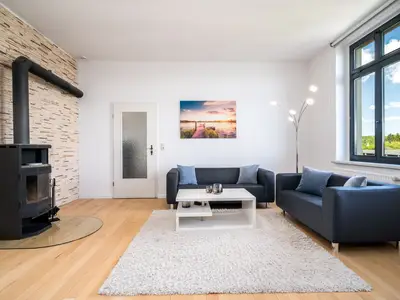 Ferienwohnung BlueSea in Malchow Wohnzimmer mit Kamin und Couch