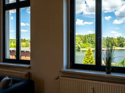 Ferienwohnung BlueSea in Malchow Wasserblick aus dem Wohnzimmer