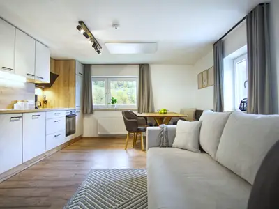 Wohnküche mit Sofa, TV, Essbereich und Infrarotheizung