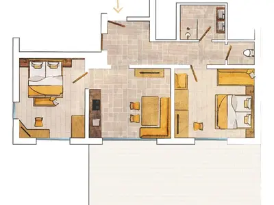 Top 1 - Zaunkönig - Grundriß - Eingangsbereich, Wohnküche, 2 Schlafzimmer, Bad, WC und eine große Terrasse