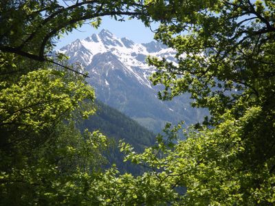 Blick von der Pension Burgwies auf die Berge