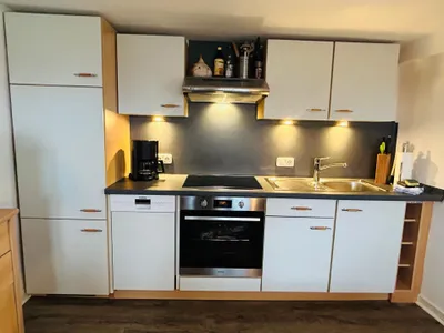 Küche mit Kühlschrank, Geschirrspüler, Backofen und Mikrowelle