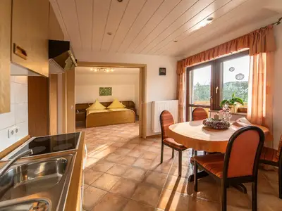 Wohnküche mit Blick ins Schlafzimmer