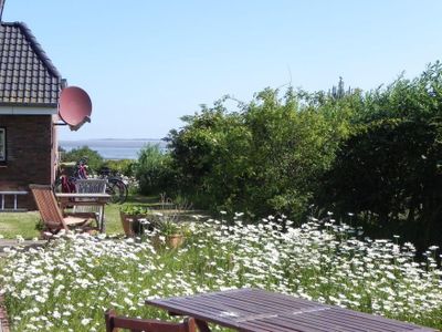 Garten mit Blick ins Wattenmeer der Ferienwohnung Bi Strun Nebel auf Amrum