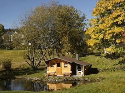 Teich mit Grillhütte im Herbst