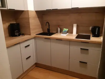 Küche mit Kochfeld und Geschirrspüler