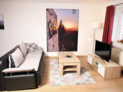 Wohnraum mit Schlafsofa und Smart-TV