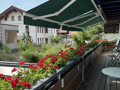 Balkon mit Blick auf den Dachgarten