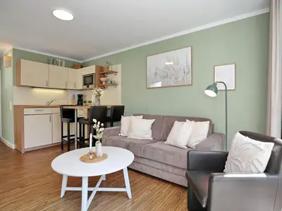 Wohnzimmer mit Schlafcouch und Küchenzeile
