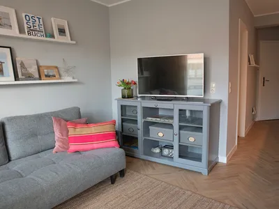 Wohnzimmer mit Schlafcouch und TV