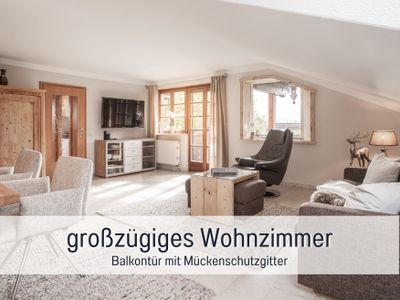 großes Wohnzimmer_Mückenschutzgitter zum Balkon_Fewo Alpenpanorama