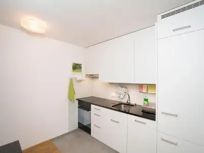 eingebaute Küche mit grossem Kühlschrank, Geschirrspülmaschine, Backofen, Abzug, Mikrowelle etc.