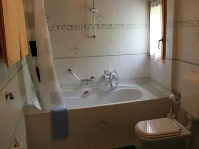 Badezimmer mit Dusche in der Wanne und WC