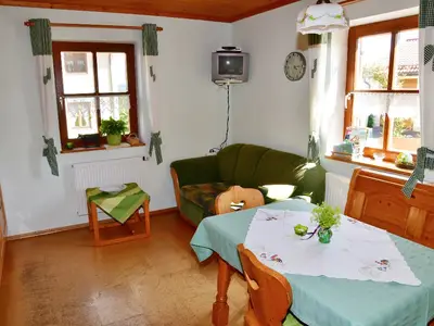 Wohnküche mit Essecke, Sofa und TV