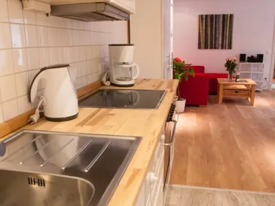 Küchenzeile mit Blick ins Wohnzimmer