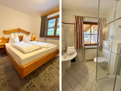 Schlafzimmer-Badezimmer-Ferienwohnung-Alpenrose-Haus-am-Wiesbach-Chiemgau-Bayern