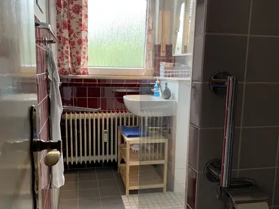 Schmales Bad mit Waschbecken, Spiegelschrank, begehbarer Dusche und WC