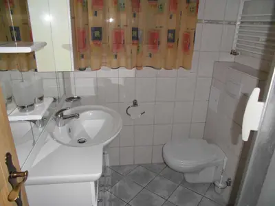 Bad mit Dusche, WC, Waschbecken und Spiegel