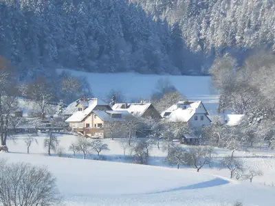 Winterbild. Unser Haus mit Ferienwohnungen im Vordergrund