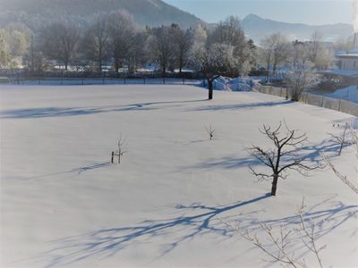 Blick auf die verschneite Wiese