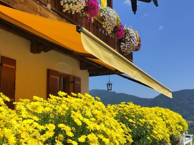 Blütenpracht am Bauernhaus mit 3 Ferienwohnungen (Alpenpanorama, Puppenstübchen, Talblick) am Obersteinberg-Hof Ruhpolding
