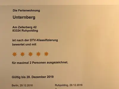 Fewo Unternberg- Klassifizierungsurkunde DTV