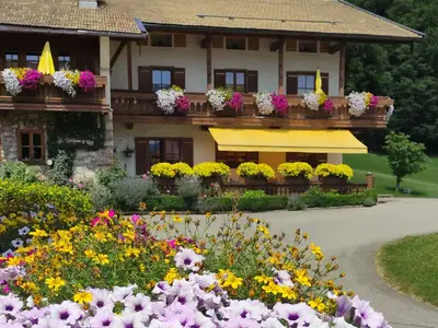 Blick aufs Bauernhaus mit Ferienwohnungen Alpenpanorama, Puppenstübchen, Talblick in voller Blütenpracht