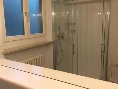 Badezimmer mit WC, Lavabo und viel Ablagefläche. Im Spiegel: die neue Dusche mit Handbrause und Urwaldbrause.