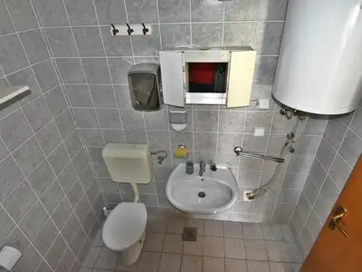 Das Badezimmer mit Dusche, WC, Waschbecken und Spiegel mit kleinem Schrank