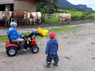 Kinder mit Trettraktor