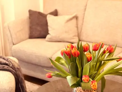 Couch mit Kissen und Kuscheldecken zum Entspannen