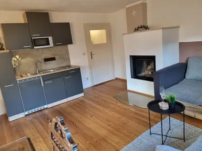 Küchenzeile im Wohnzimmer mit 2-Platten E-Herd, Kühlschrank, Mikrowelle, Filterkaffee-Maschine und Wasserkocher