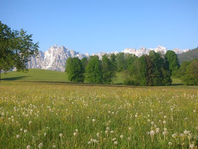 Aussicht vom Haus Wallner: Frühling mit Kaiser