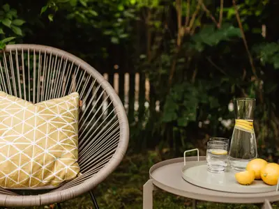 Garten mit Liegestühlen
