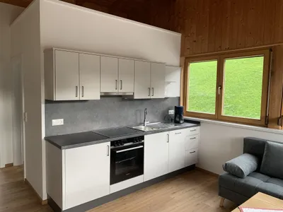Moderne Küche mit Kühlschrank, Herd und Geschirrspüler