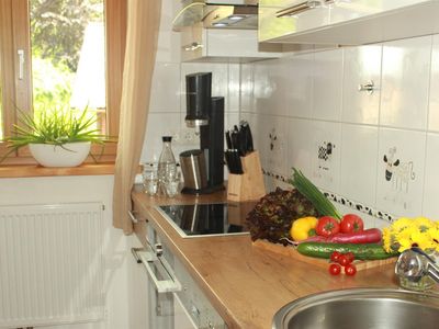 komplett ausgestattete Küche mit Backofen und Spül