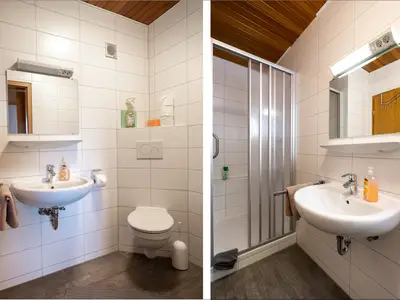 Dusche mit WC, incl. Hand- und Duschtuch, vom Schlafzimmer aus begehbar