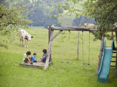 Moserhof - spielende Kinder mit Kühen und Schaukel