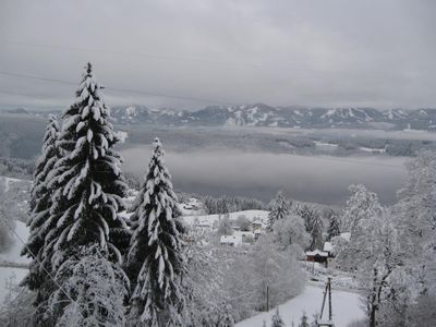 Blick auf den See im Nebel