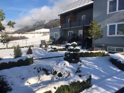 Winterfoto Garten mit Haus