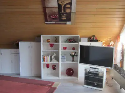 Wohnbereich. Bücherregal und 82 cm Flachbildfernseher mit Satellitenempfang