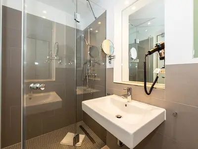 Badezimmer mit Dusche, Waschtisch, WC und Spiegel
