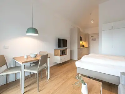 Wohn-Schlafbereich mit Doppelbett und TV