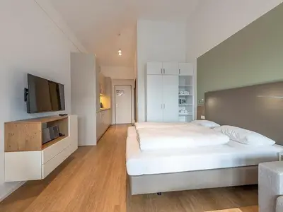 Wohn-Schlafbereich mit Doppelbett und TV