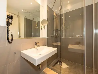 Badezimmer mit Dusche, Waschtisch, WC und Spiegel